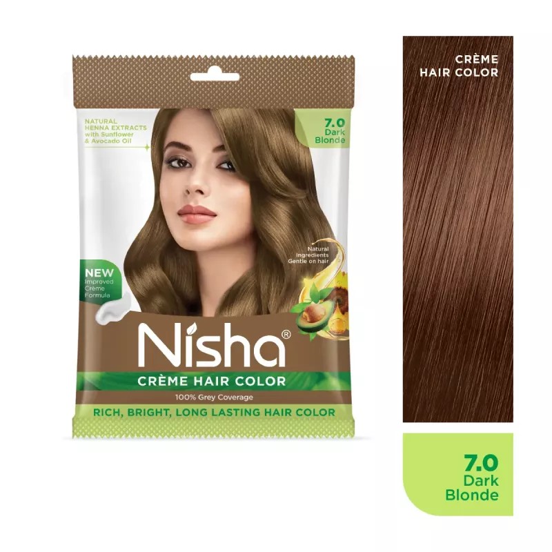 Nisha Creme Hair Color 7.0 Dark Blonde (Pouch Pack) (Colorant 20g + Developer 20ml) (1Pack, Pack of 6)