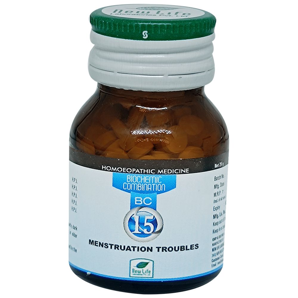 New Life Bio Combination No.15 Menstruation Troubles bottle of 25 gm Biocombination Tablet New Life Bio Combination No.15 Menstruation Troubles bottle of 25 gm Biocombination Tablet