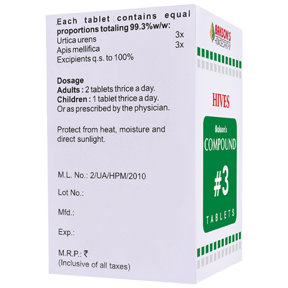 Bakson's Homeopathy Compound # 3 Hives/Urticaria Tablet bottle of 100 tablets Bakson's Homeopathy Compound # 3 Hives/Urticaria Tablet bottle of 100 tablets