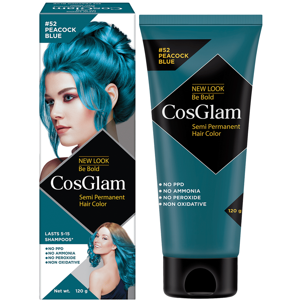 CosGlam Semi Permanent Hair Color | PPD & Ammonia free | Peacock Blue tube of 120 gm Cream