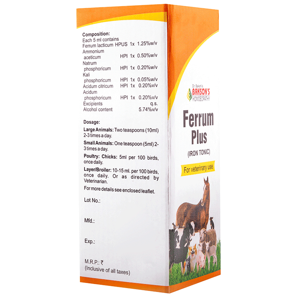 Bakson's Homeopathy Ferrum Plus Iron Tonic for Veterinary Use bottle of 450 ml Tonic