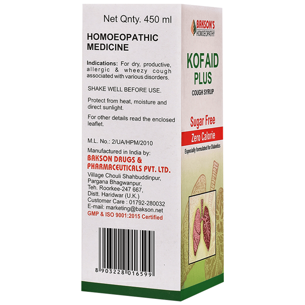 Bakson's Homeopathy Kof Aid Plus Cough Syrup Sugar Free bottle of 450 ml Syrup
