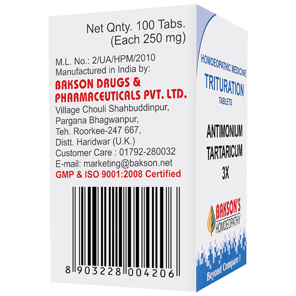 Bakson's Homeopathy Antimonium Tartaricum Trituration Tablet 3X bottle of 100 trituration tablets