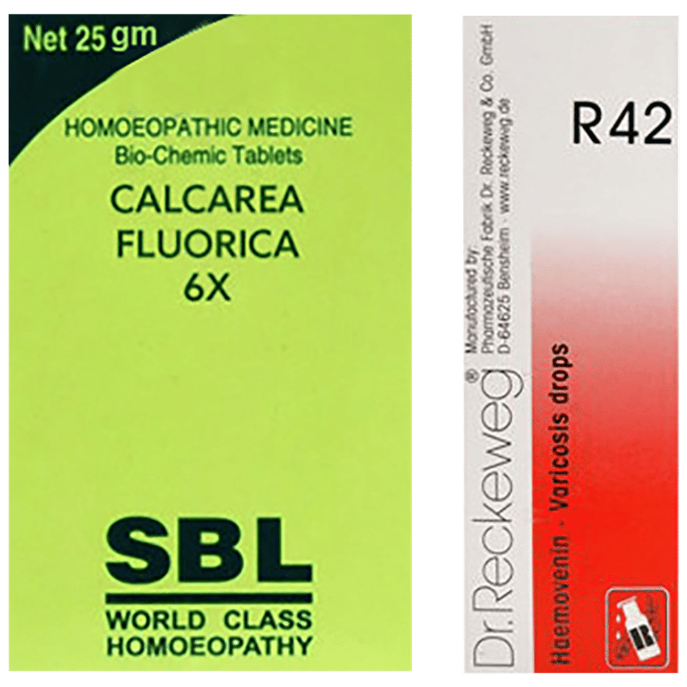 Combo Pack of Dr. Reckeweg R42 Varicosis Drop (22ml) & SBL Calcarea Fluorica Biochemic Tablet 6X (25gm) combo pack of 2 units