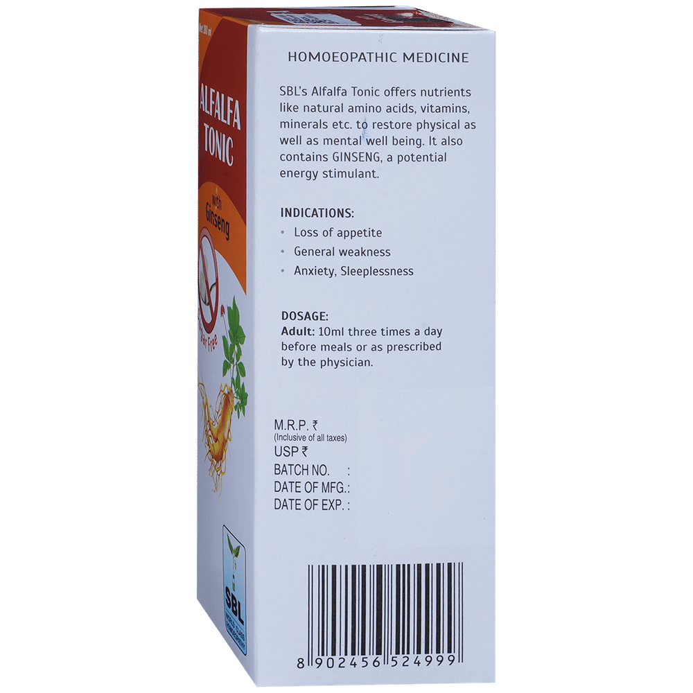 SBL Alfalfa Tonic with Ginseng Sugar Free bottle of 180 ml Tonic SBL Alfalfa Tonic with Ginseng Sugar Free bottle of 180 ml Tonic