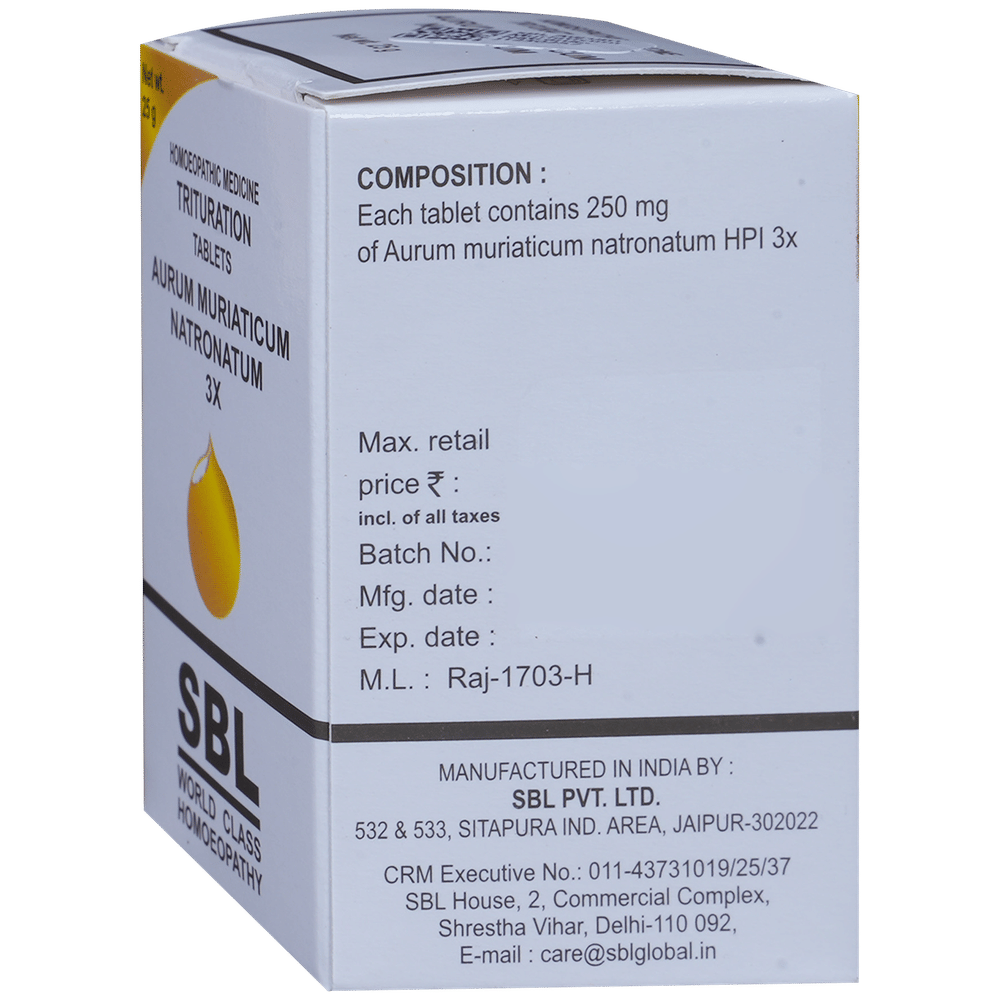 SBL Aurum Muriaticum Natronatum Trituration Tablet 3X bottle of 25 gm Trituration Tablet SBL Aurum Muriaticum Natronatum Trituration Tablet 3X bottle of 25 gm Trituration Tablet