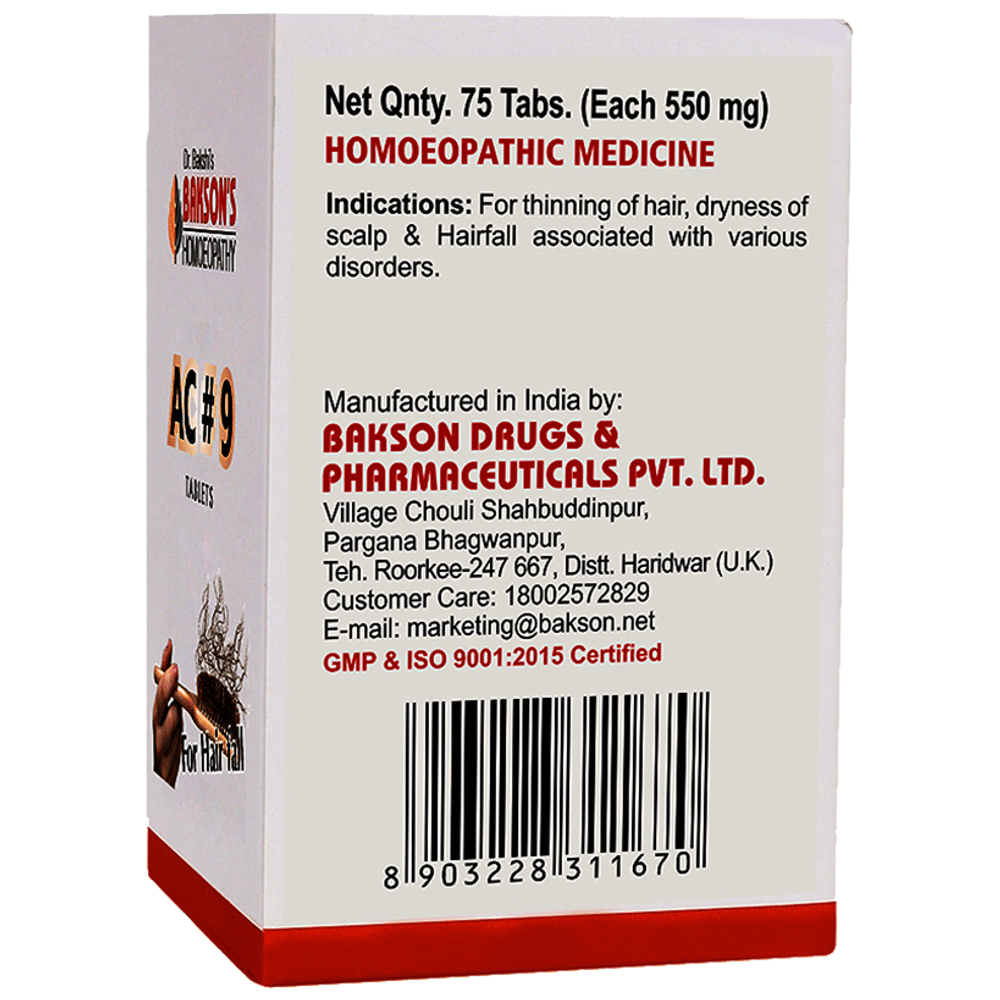 Bakson's Homeopathy AC#9 Tablet bottle of 75 tablets
