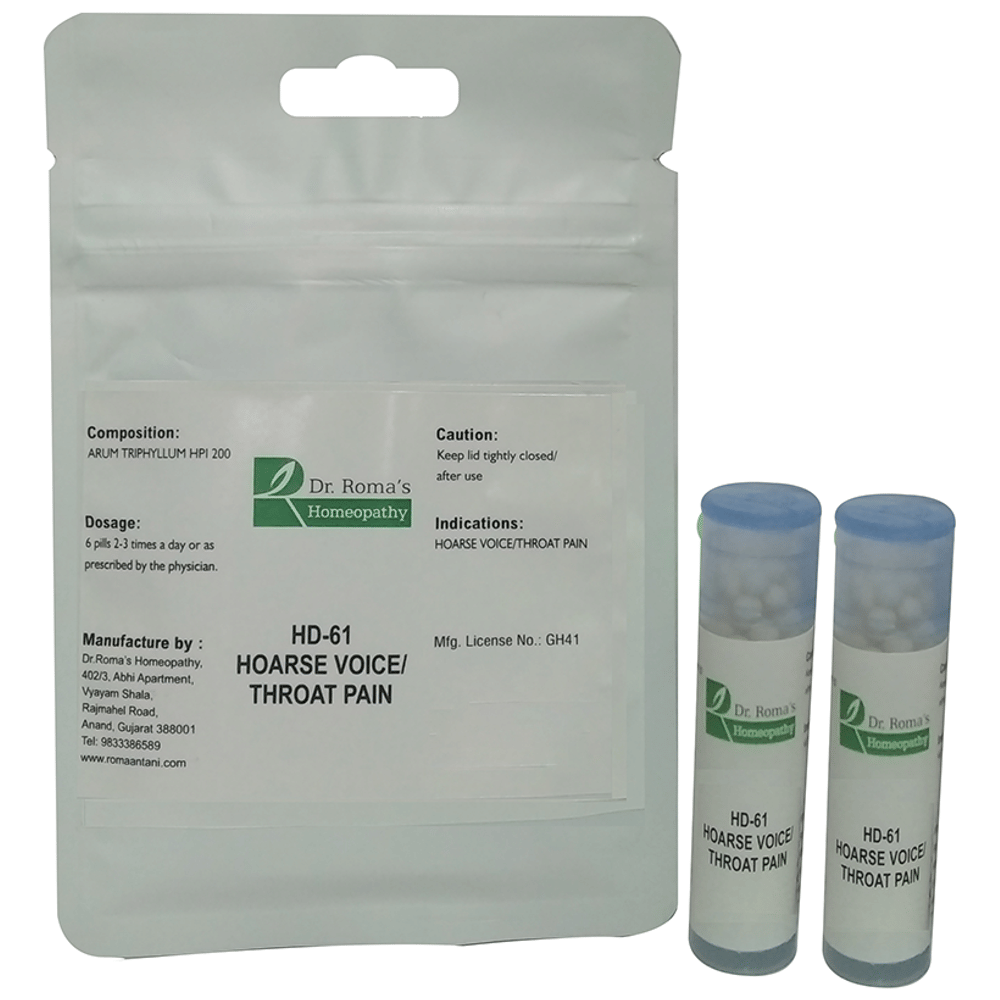 Dr. Romas Homeopathy HD-61 Hoarse Voice & Throat pain, 2 Bottles of 2 Dram packet of 2 bottles