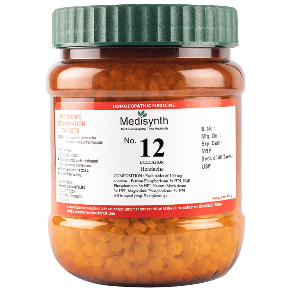Medisynth Bio-chemic Combination No.12 Headache bottle of 450 gm Biocombination Tablet