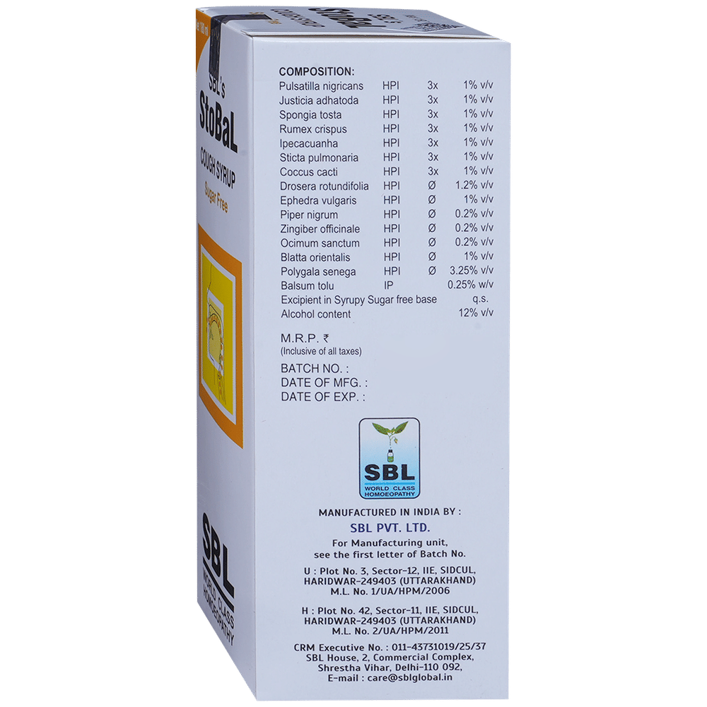 SBL Stobal Cough Syrup Sugar Free bottle of 180 ml Syrup