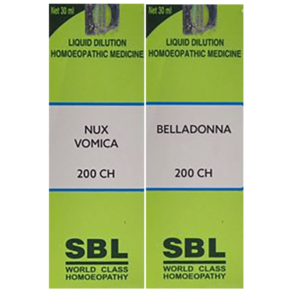 Combo Pack of SBL Nux Vomica Dilution 200 CH & SBL Belladonna Dilution 200 CH (30ml Each) combo pack of 2 bottles
