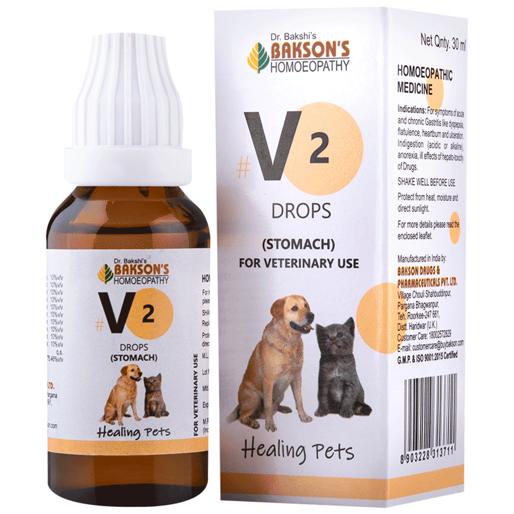 Bakson's Homeopathy V2 Stomach Drop for Veterinary Use bottle of 30 ml Drop