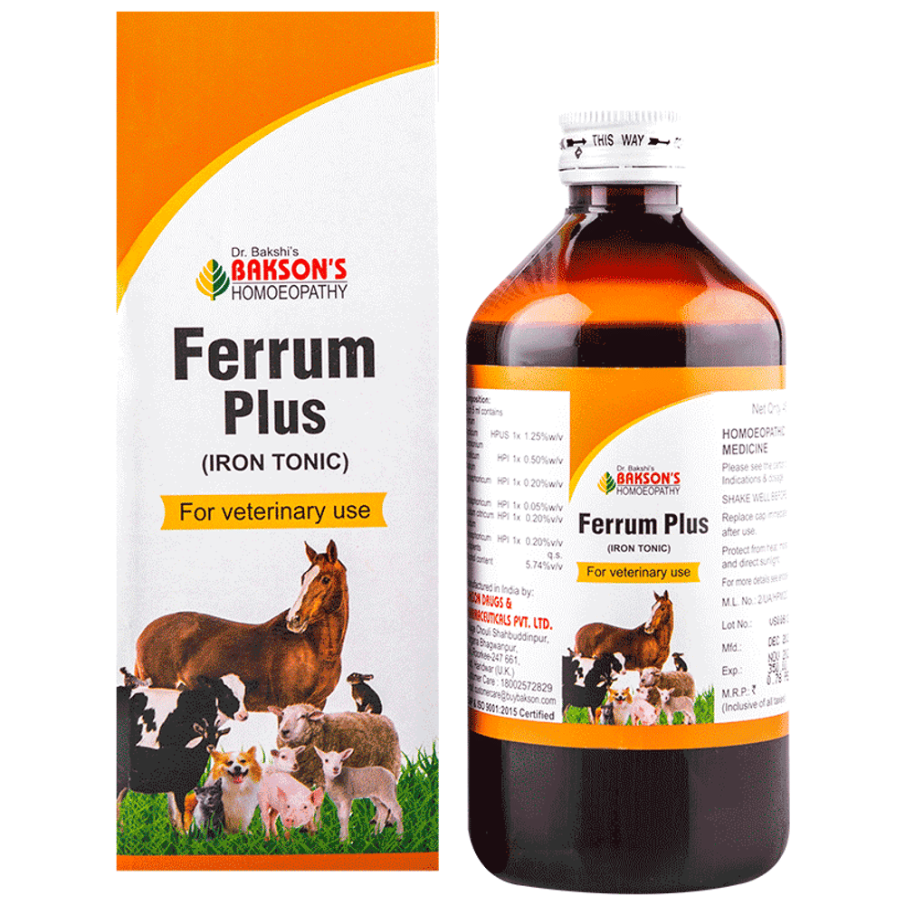 Bakson's Homeopathy Ferrum Plus Iron Tonic for Veterinary Use bottle of 450 ml Tonic