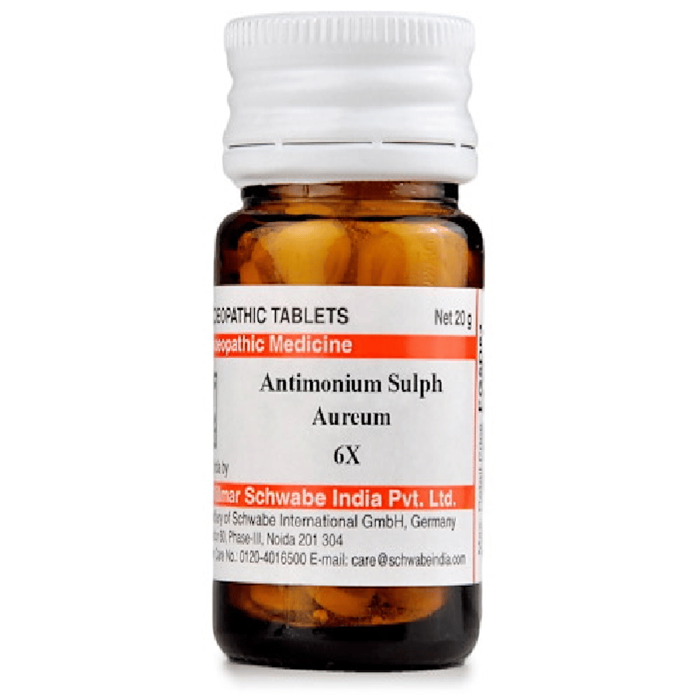 Dr Willmar Schwabe India Antimonium Sulph Aureum Trituration Tablet 6X bottle of 20 gm Trituration Tablet