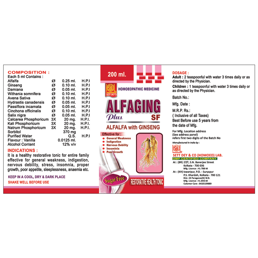 Sett Dey Alfaging Plus Sugar Free bottle of 200 ml Liquid