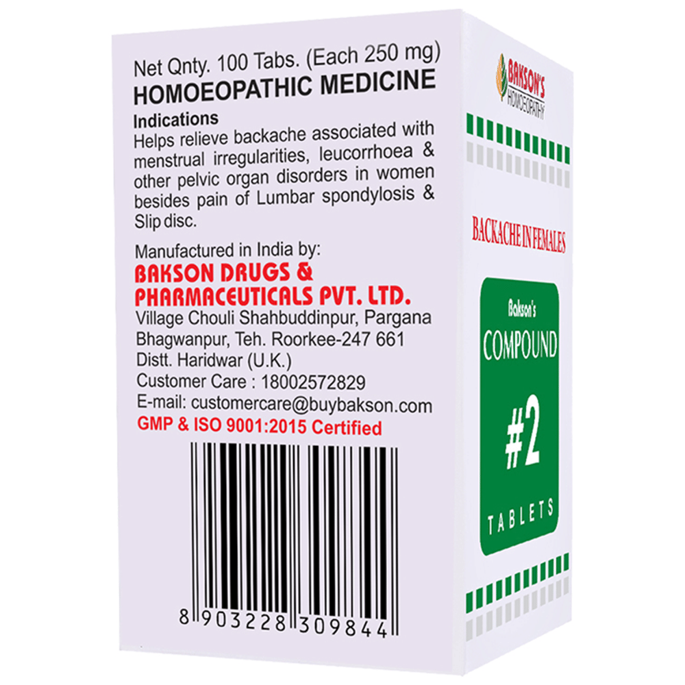 Bakson's Homeopathy Compound # 2 Backache Females Tablet bottle of 100 tablets