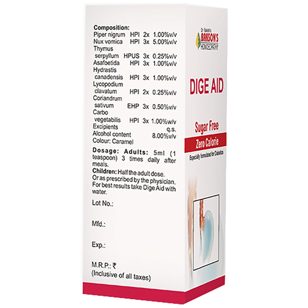 Bakson's Homeopathy Dige Aid Syrup Sugar Free bottle of 115 ml Syrup Bakson's Homeopathy Dige Aid Syrup Sugar Free bottle of 115 ml Syrup