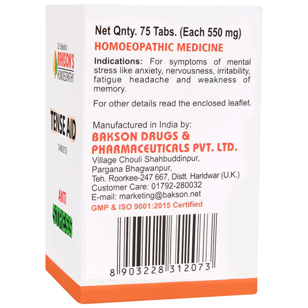 Bakson's Homeopathy Tense Aid Tablet bottle of 75 tablets Bakson's Homeopathy Tense Aid Tablet bottle of 75 tablets
