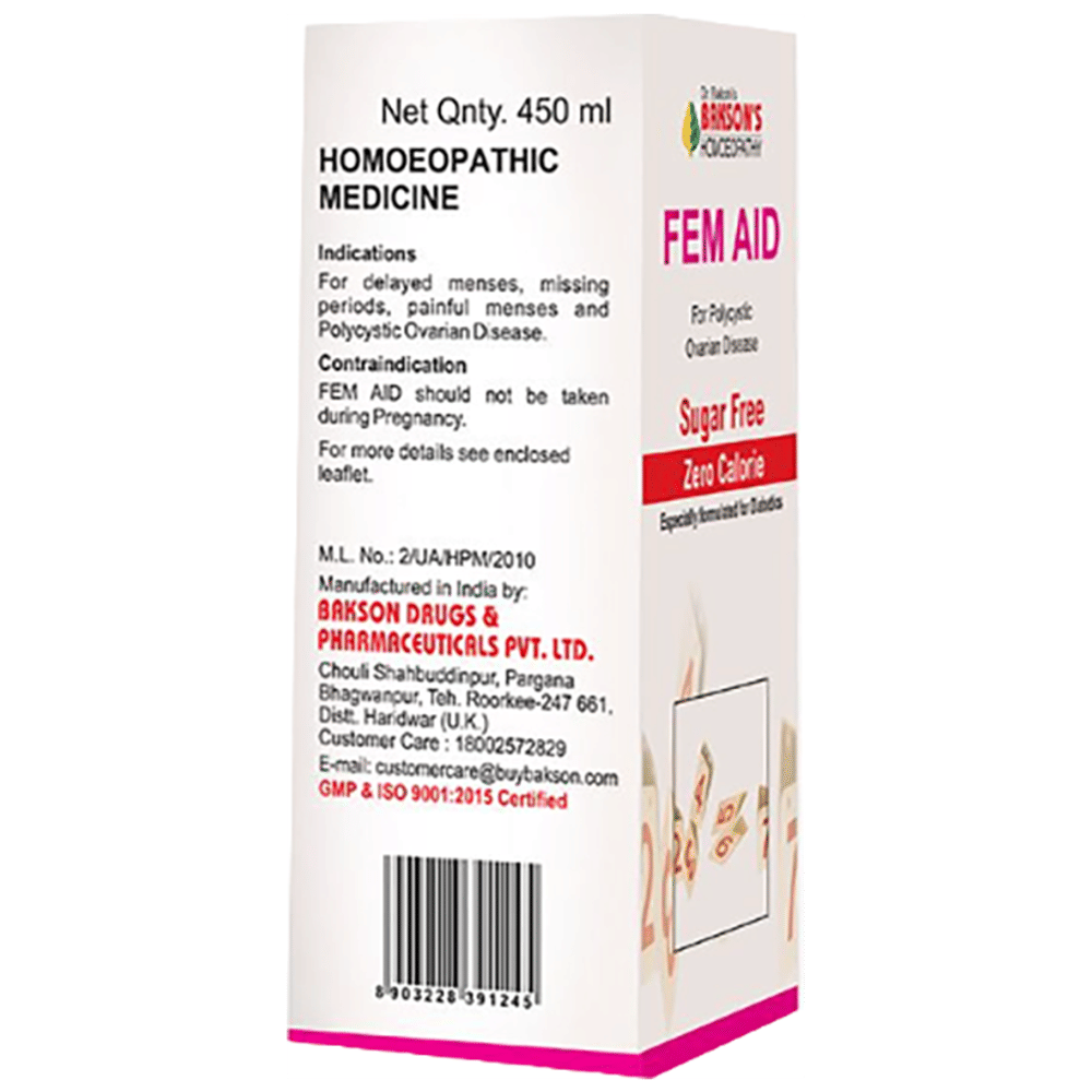 Bakson's Homeopathy Fem Aid Syrup Sugar Free bottle of 450 ml Syrup