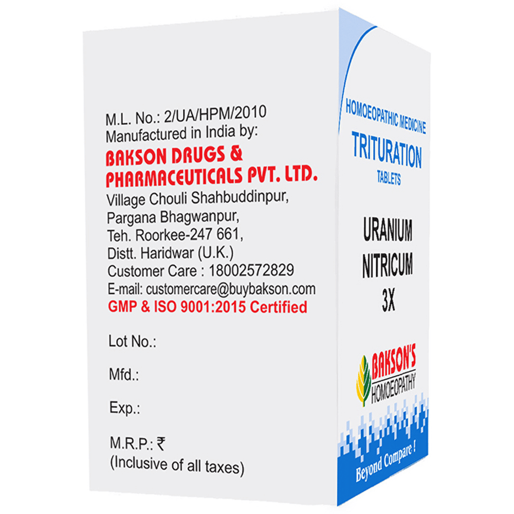 Bakson's Homeopathy Uranium Nitricum Trituration Tablet 3X bottle of 100 trituration tablets