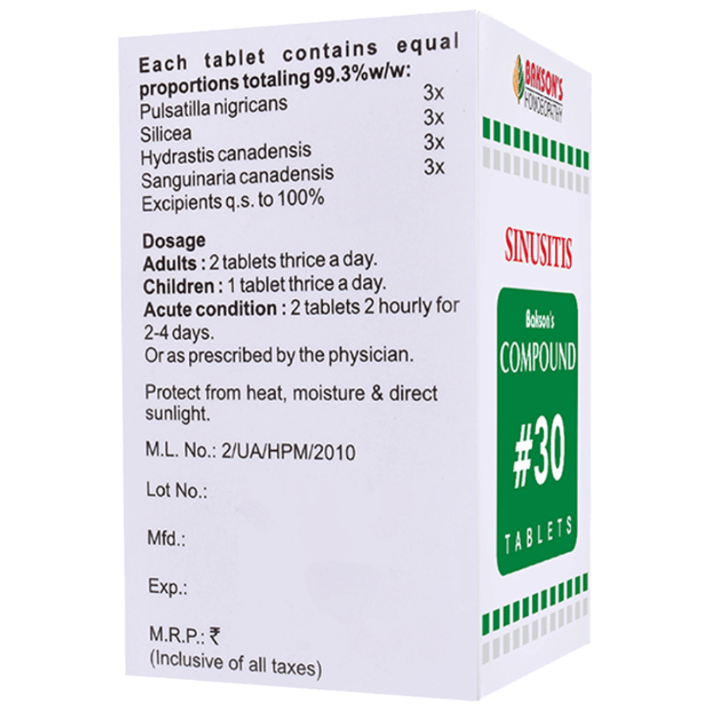 Bakson's Homeopathy Compound # 30 Sinusitis Tablet bottle of 100 tablets Bakson's Homeopathy Compound # 30 Sinusitis Tablet bottle of 100 tablets