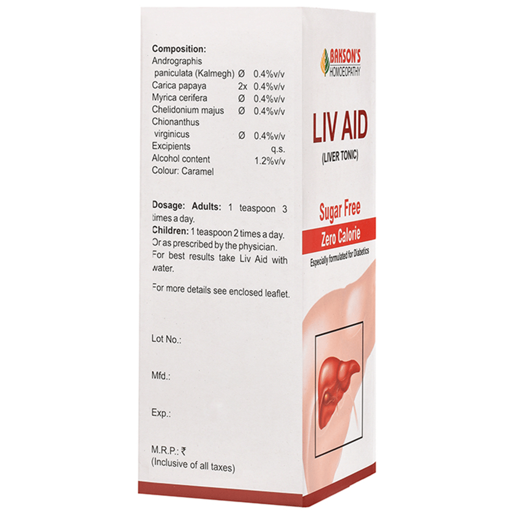 Bakson's Homeopathy Liv Aid Liver Tonic Sugar Free bottle of 115 ml Tonic