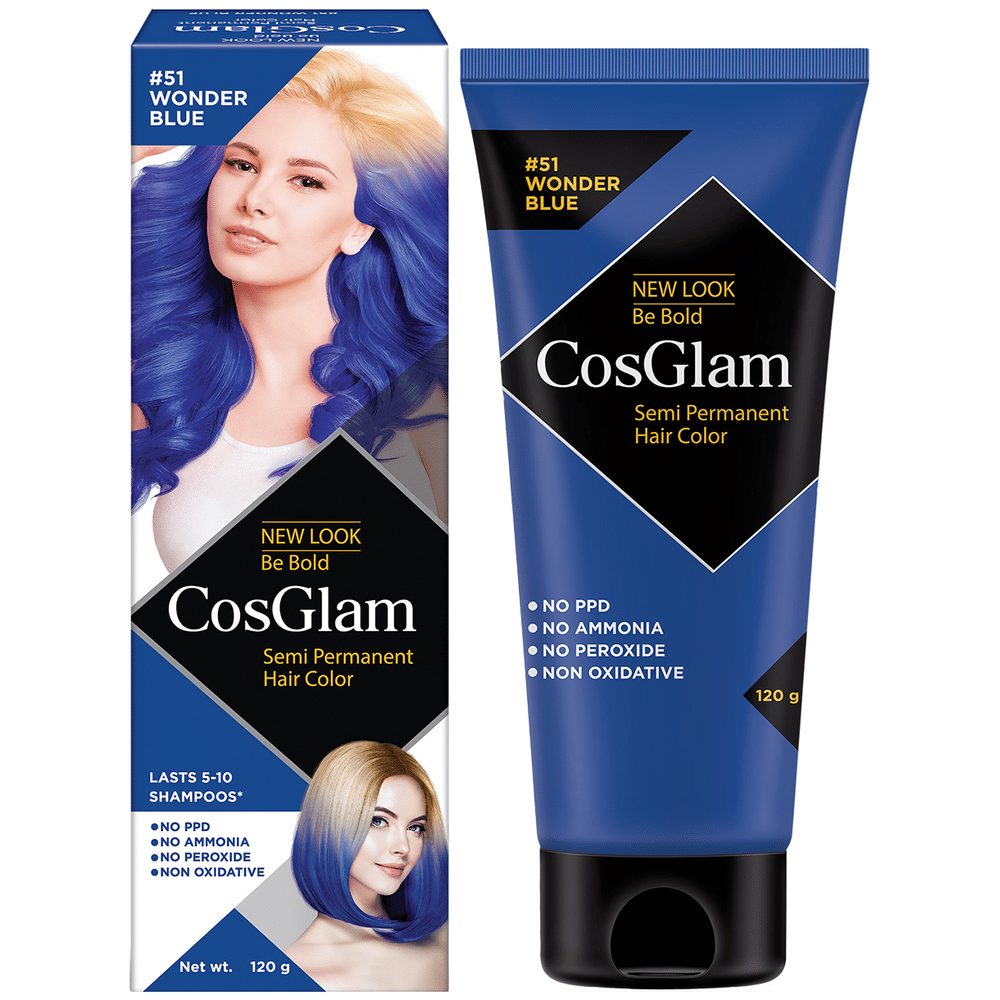 CosGlam Semi Permanent Hair Color | PPD & Ammonia free | Wonder Blue tube of 120 gm Cream