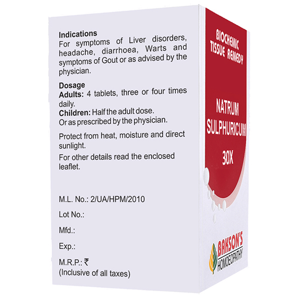 Bakson's Homeopathy Natrum Sulphuricum Biochemic Tablet 30X bottle of 250 biochemic tablets Bakson's Homeopathy Natrum Sulphuricum Biochemic Tablet 30X bottle of 250 biochemic tablets