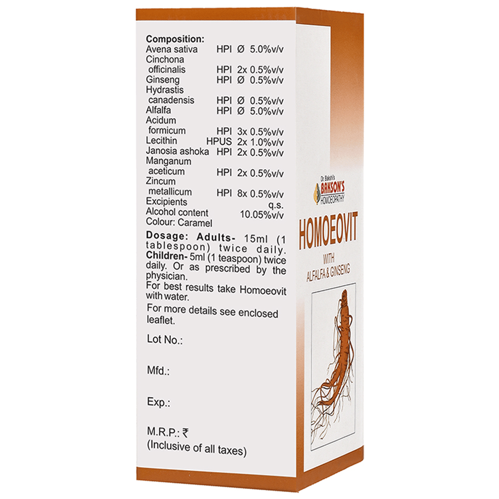 Bakson's Homeopathy Homoeovit with Alfalfa & Ginseng Syrup bottle of 115 ml Syrup Bakson's Homeopathy Homoeovit with Alfalfa & Ginseng Syrup bottle of 115 ml Syrup
