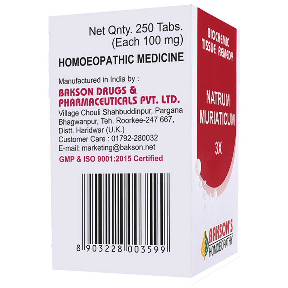 Bakson's Homeopathy Natrum Muriaticum Biochemic Tablet 3X bottle of 250 biochemic tablets Bakson's Homeopathy Natrum Muriaticum Biochemic Tablet 3X bottle of 250 biochemic tablets