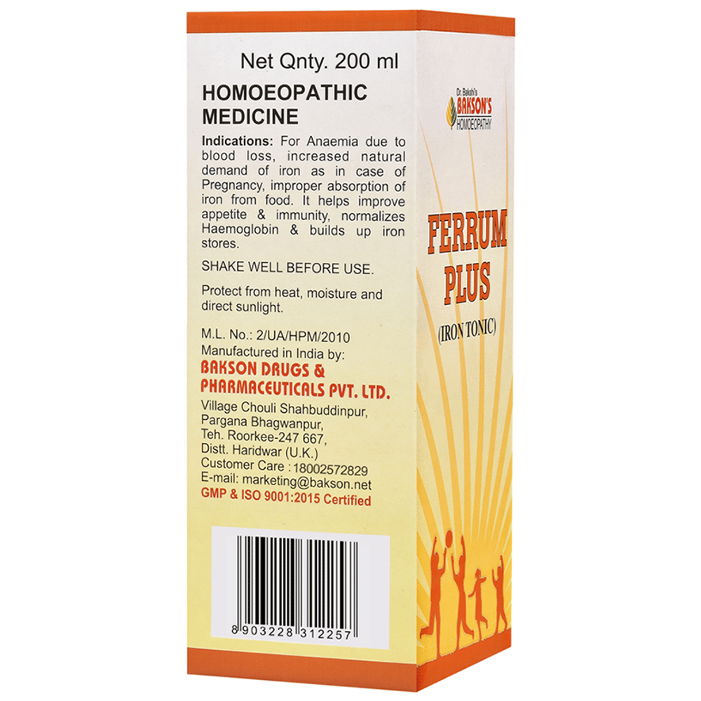 Bakson's Homeopathy Ferrum Plus Iron Tonic bottle of 200 ml Tonic