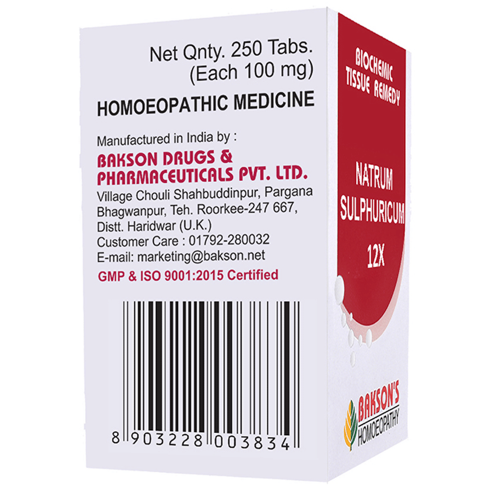 Bakson's Homeopathy Natrum Sulphuricum Biochemic Tablet 12X bottle of 250 biochemic tablets Bakson's Homeopathy Natrum Sulphuricum Biochemic Tablet 12X bottle of 250 biochemic tablets