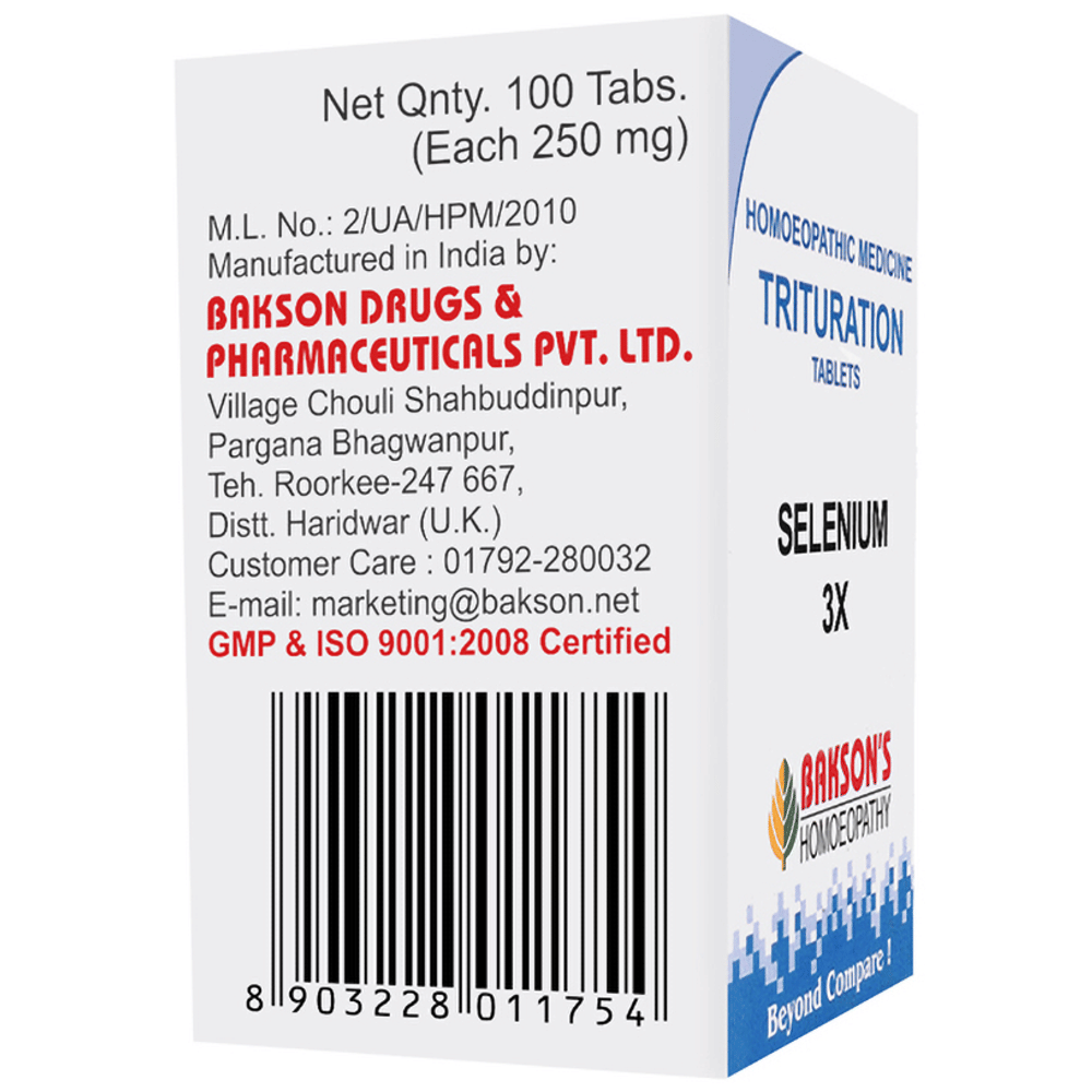 Bakson's Homeopathy Selenium Trituration Tablet 3X bottle of 100 trituration tablets