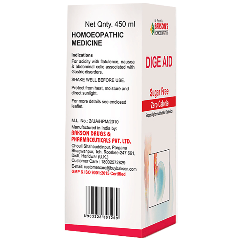 Bakson's Homeopathy Dige Aid Syrup Sugar Free bottle of 450 ml Syrup Bakson's Homeopathy Dige Aid Syrup Sugar Free bottle of 450 ml Syrup