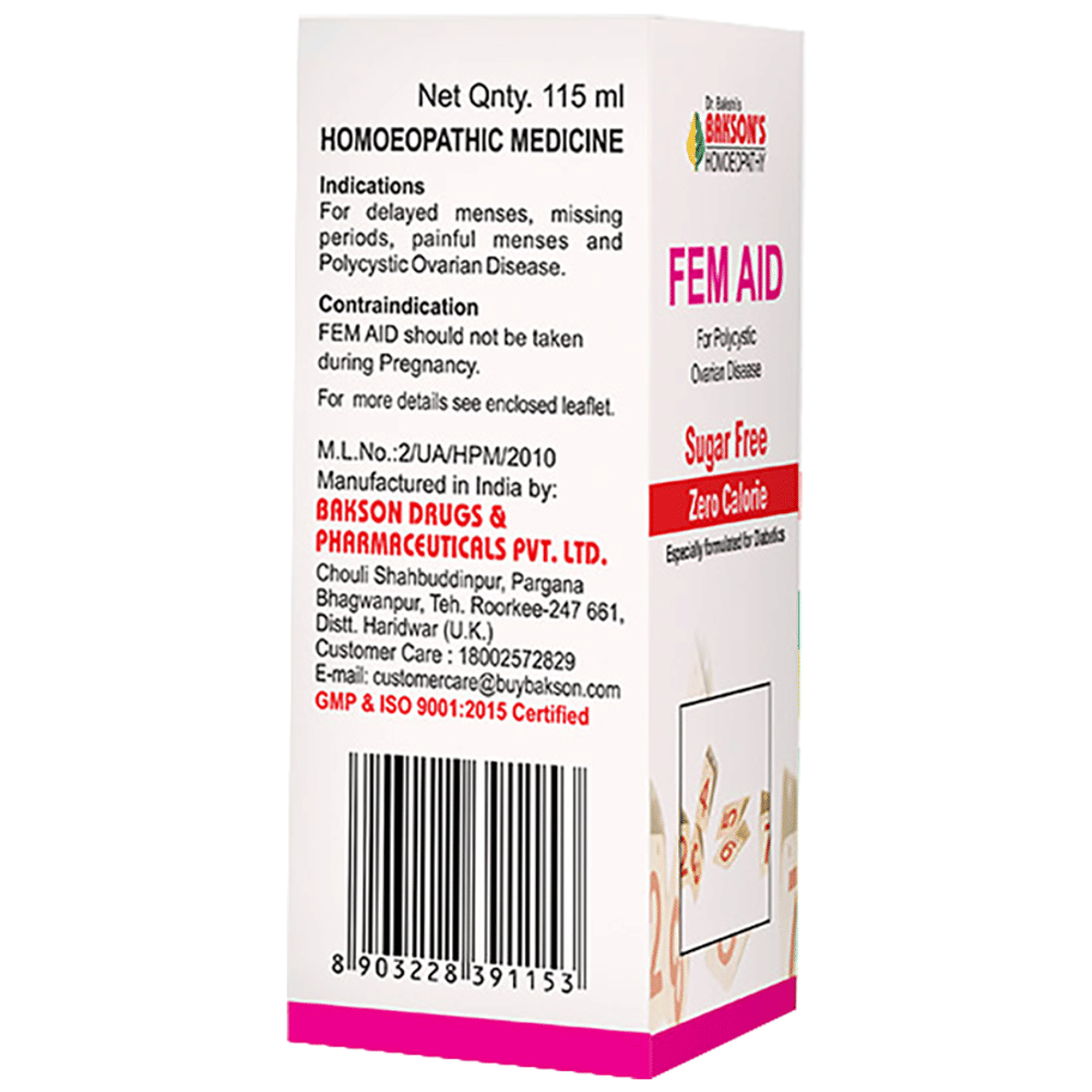 Bakson's Homeopathy Fem Aid Syrup Sugar Free bottle of 115 ml Syrup