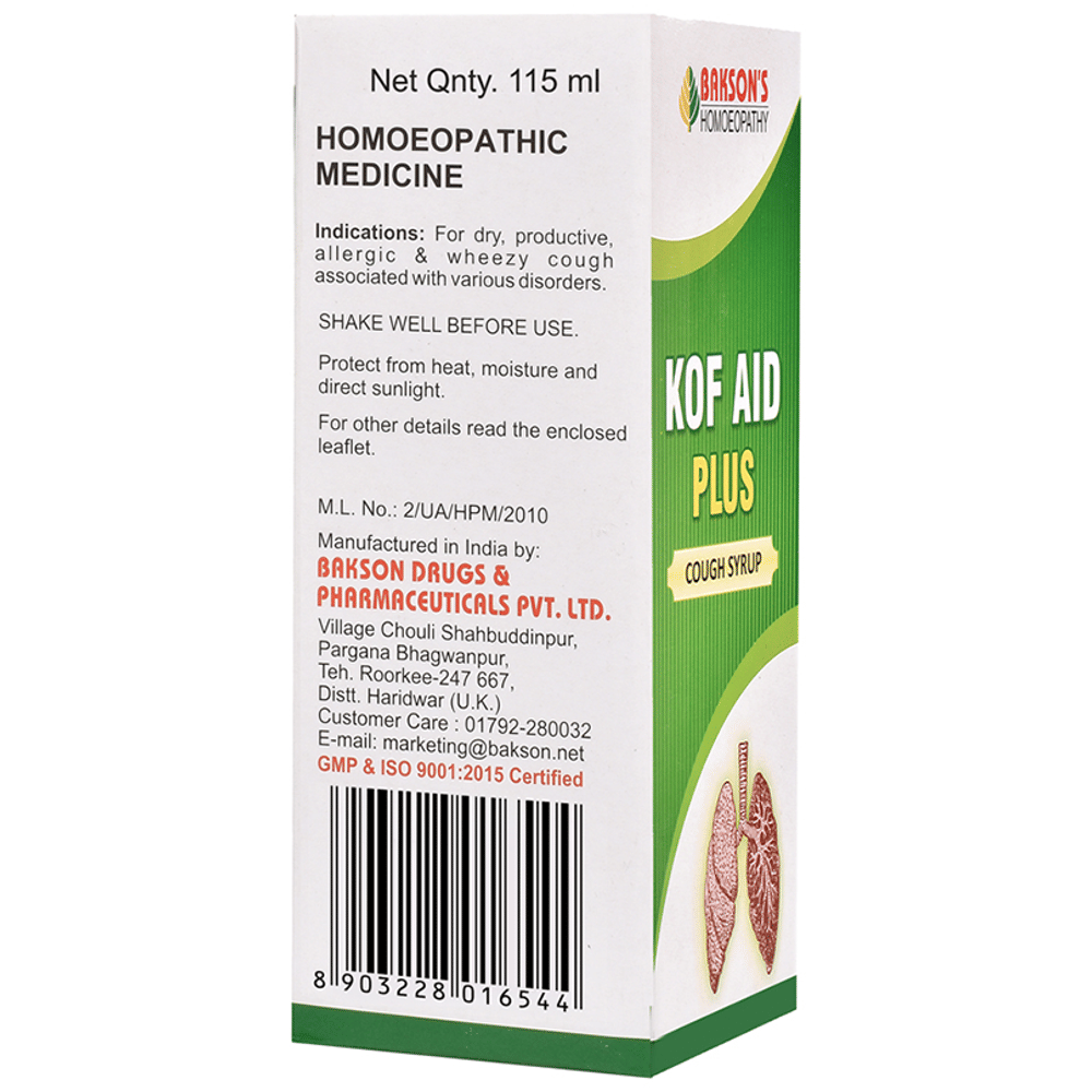 Bakson's Homeopathy Kof Aid Plus Cough Syrup bottle of 115 ml Syrup