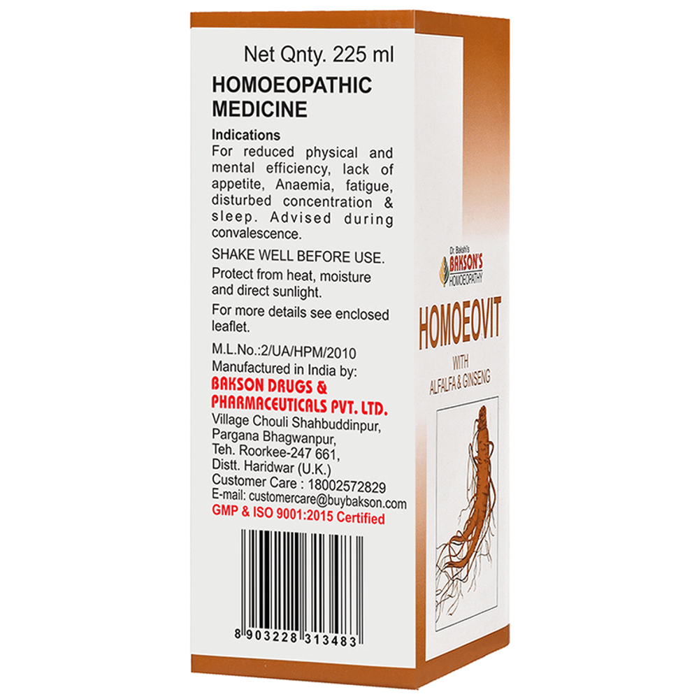 Bakson's Homeopathy Homoeovit with Alfalfa & Ginseng Syrup bottle of 225 ml Syrup Bakson's Homeopathy Homoeovit with Alfalfa & Ginseng Syrup bottle of 225 ml Syrup