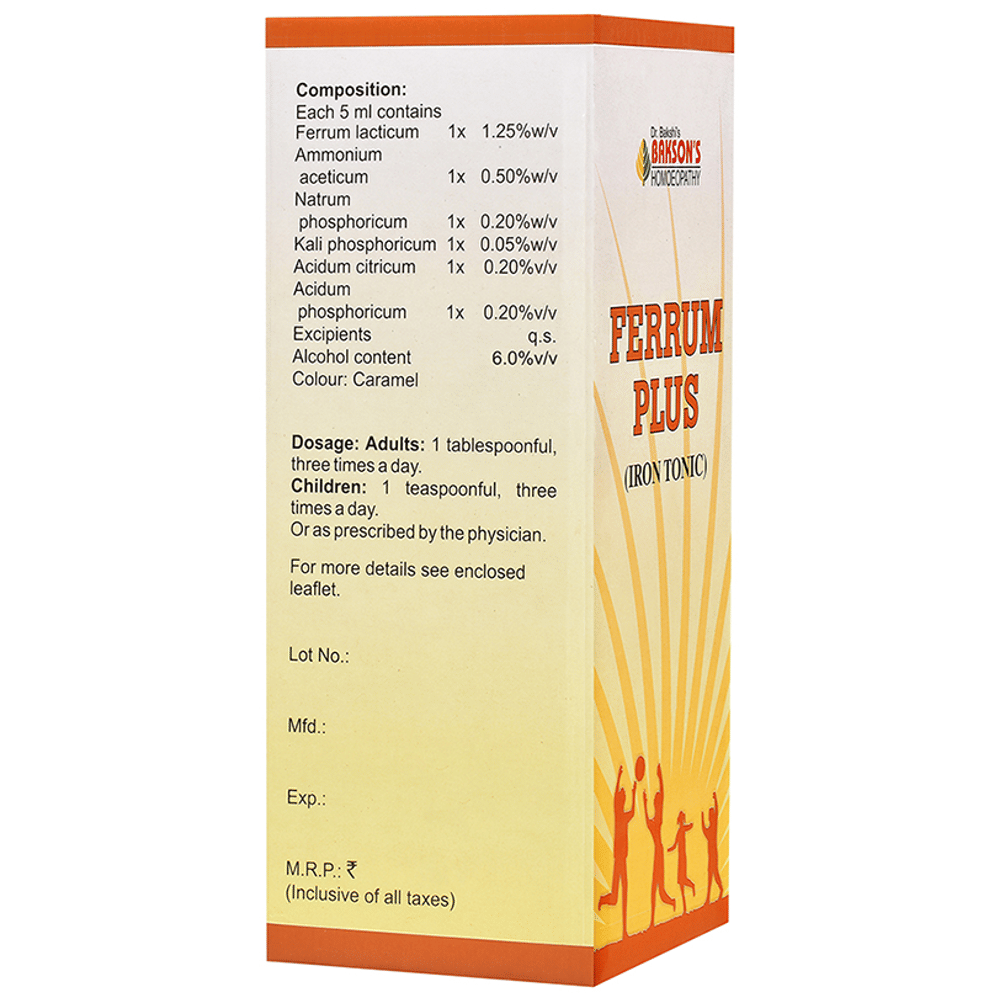Bakson's Homeopathy Ferrum Plus Iron Tonic Sugar Free bottle of 450 ml Tonic