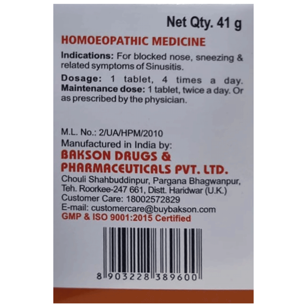 Bakson's Homeopathy Sinus Aid Tablet bottle of 41 gm Tablet Bakson's Homeopathy Sinus Aid Tablet bottle of 41 gm Tablet