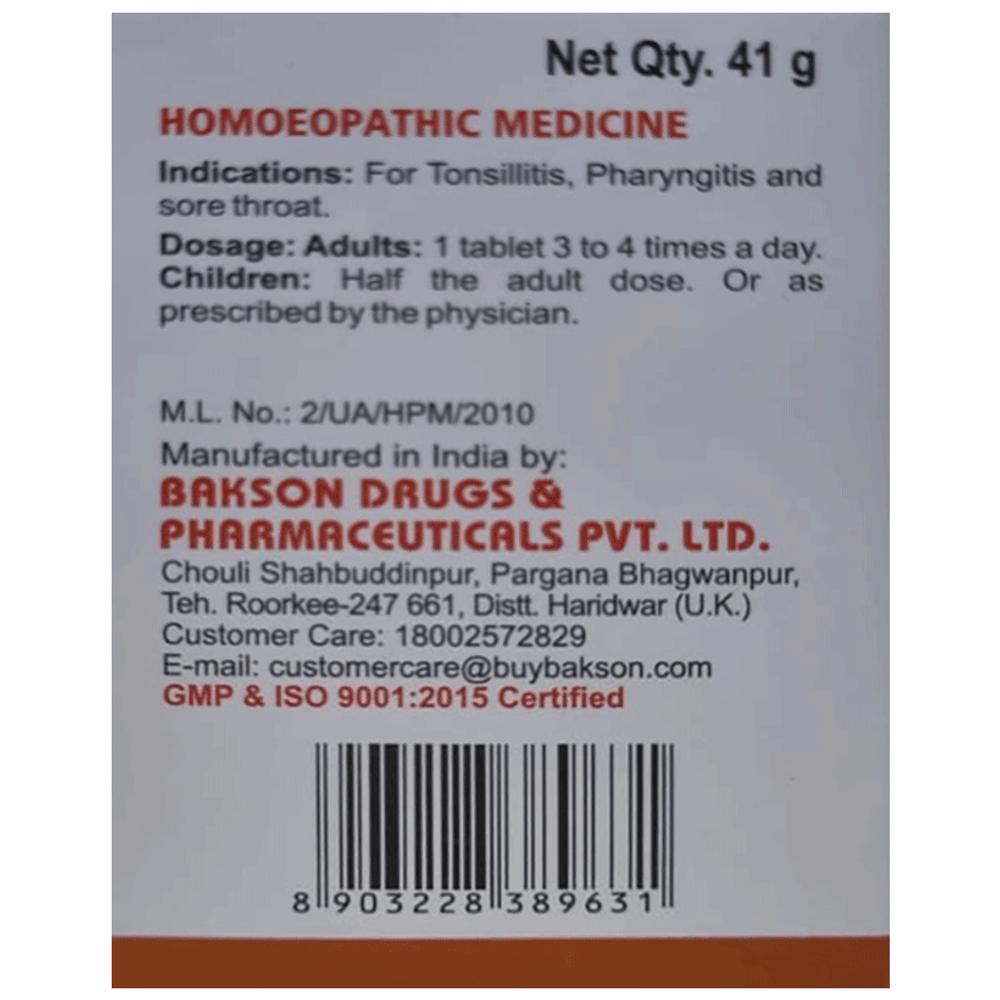 Bakson's Homeopathy Tonsil Aid Tablet bottle of 41 gm Tablet Bakson's Homeopathy Tonsil Aid Tablet bottle of 41 gm Tablet
