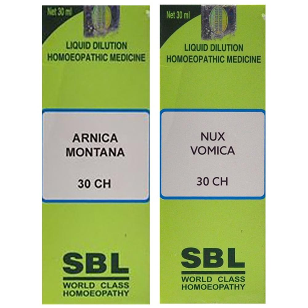 Combo Pack of SBL Nux Vomica Dilution 30 CH & SBL Arnica Montana Dilution 30 CH (30ml Each) combo pack of 2 bottles