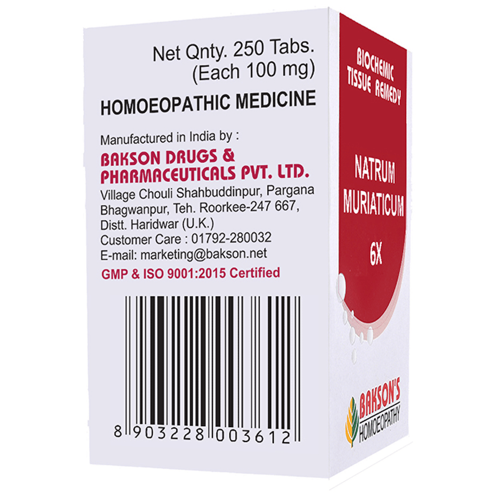 Bakson's Homeopathy Natrum Muriaticum Biochemic Tablet 6X bottle of 250 biochemic tablets Bakson's Homeopathy Natrum Muriaticum Biochemic Tablet 6X bottle of 250 biochemic tablets
