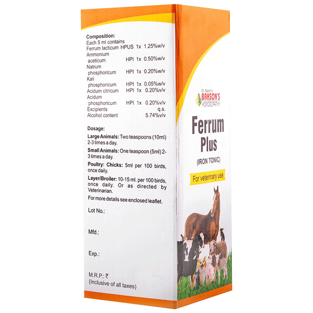 Bakson's Homeopathy Ferrum Plus Iron Tonic for Veterinary Use bottle of 200 ml Tonic