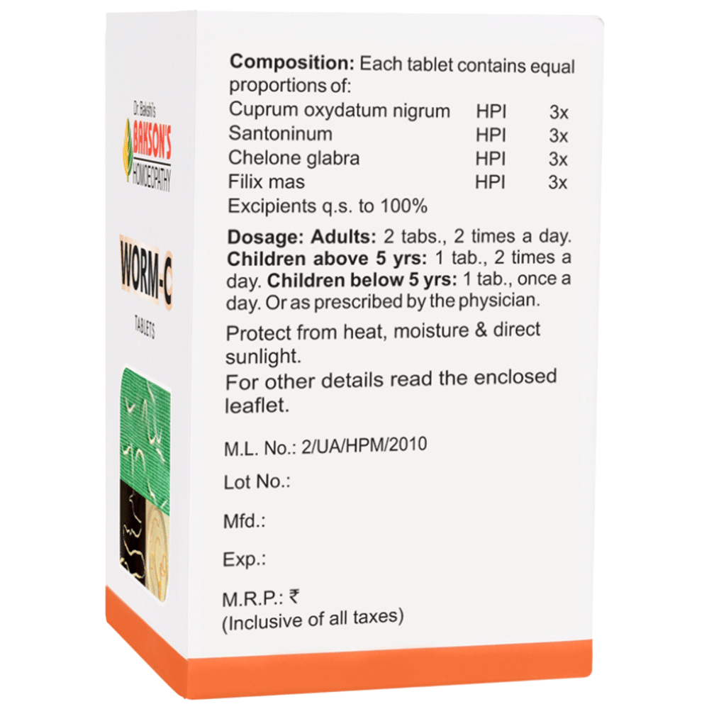 Bakson's Homeopathy Worm-C Tablet bottle of 40 tablets