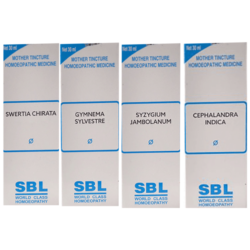 Combo Pack of SBL Syzygium Jambolanum Mother Tincture Q,  SBL Cephalandra Indica Mother Tincture Q, SBL Gymnema Sylvestre Mother Tincture Q & SBL Swertia Chirata Mother Tincture Q (30ml Each) combo pack of 4 bottles