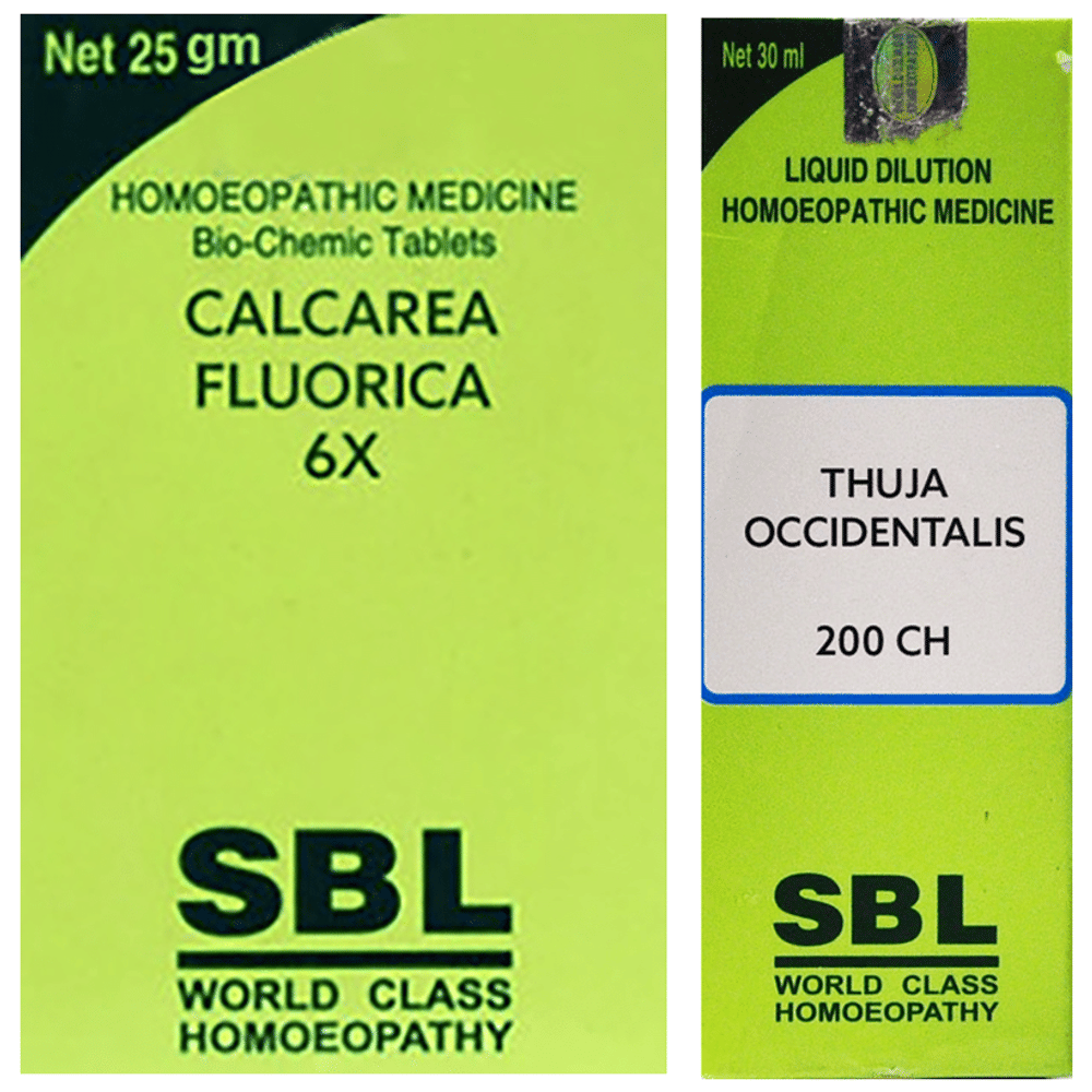 SBL Combo Pack of Calcarea Fluorica Biochemic Tablet 6X (25gm) & Thuja Occidentalis Dilution 200 CH (30ml) combo pack of 2 units