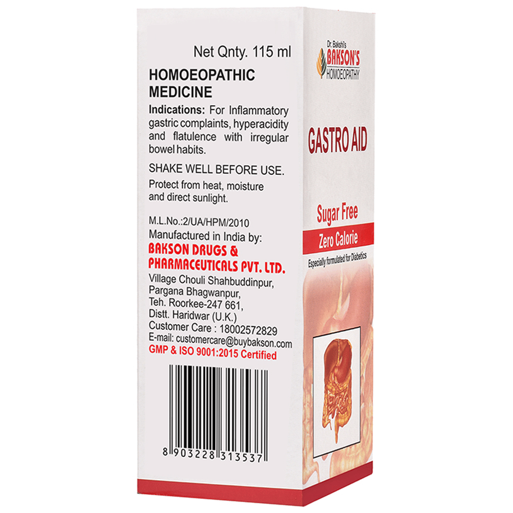 Bakson's Homeopathy Gastro Aid Syrup Sugar Free bottle of 115 ml Syrup