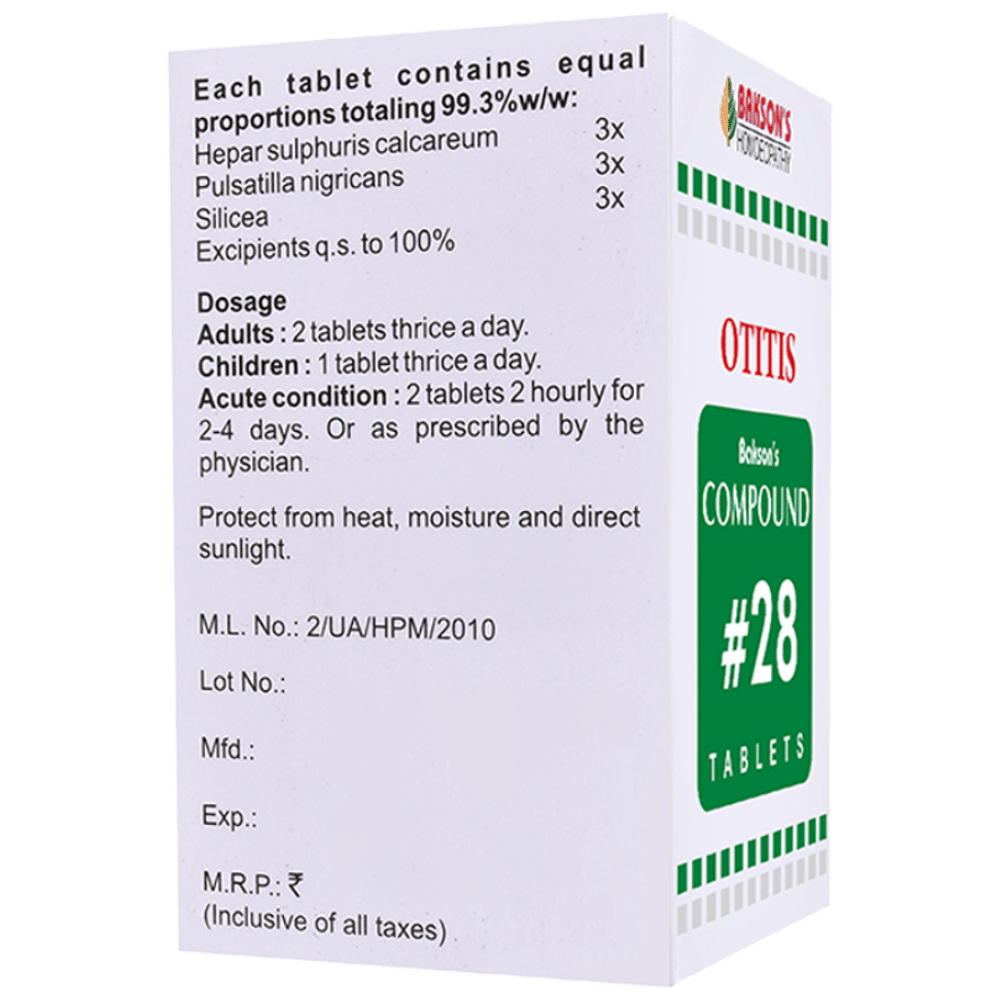 Bakson's Homeopathy Compound # 28 Otitis Tablet bottle of 100 tablets