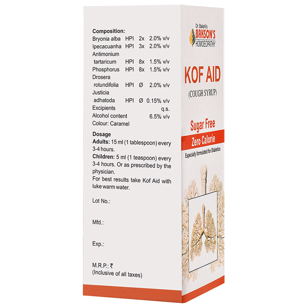 Bakson's Homeopathy Kof Aid Cough Syrup Sugar Free bottle of 450 ml Syrup