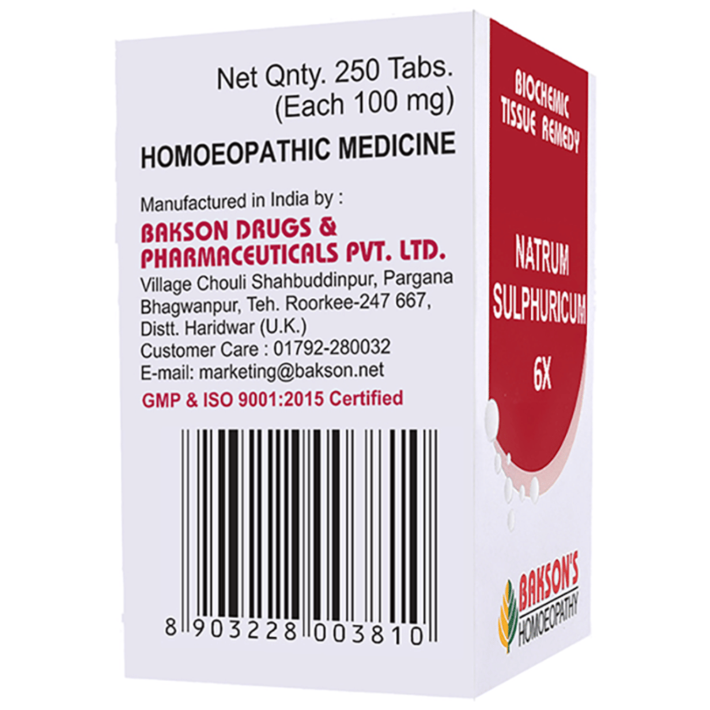 Bakson's Homeopathy Natrum Sulphuricum Biochemic Tablet 6X bottle of 250 biochemic tablets Bakson's Homeopathy Natrum Sulphuricum Biochemic Tablet 6X bottle of 250 biochemic tablets